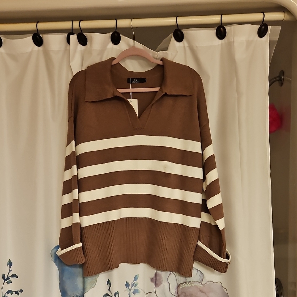 Oversized Brown and White Striped Women's Sweater Could Fit XL